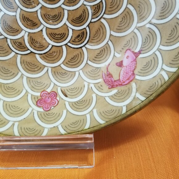 Vintage Japanese Brass Encased Porcelain Koi Bowl with Lotus Design & Koi - Picture 3 of 7